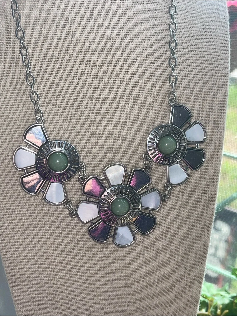 Floral Statement Necklace with Mint Accents Silver Flower Necklace with Green St